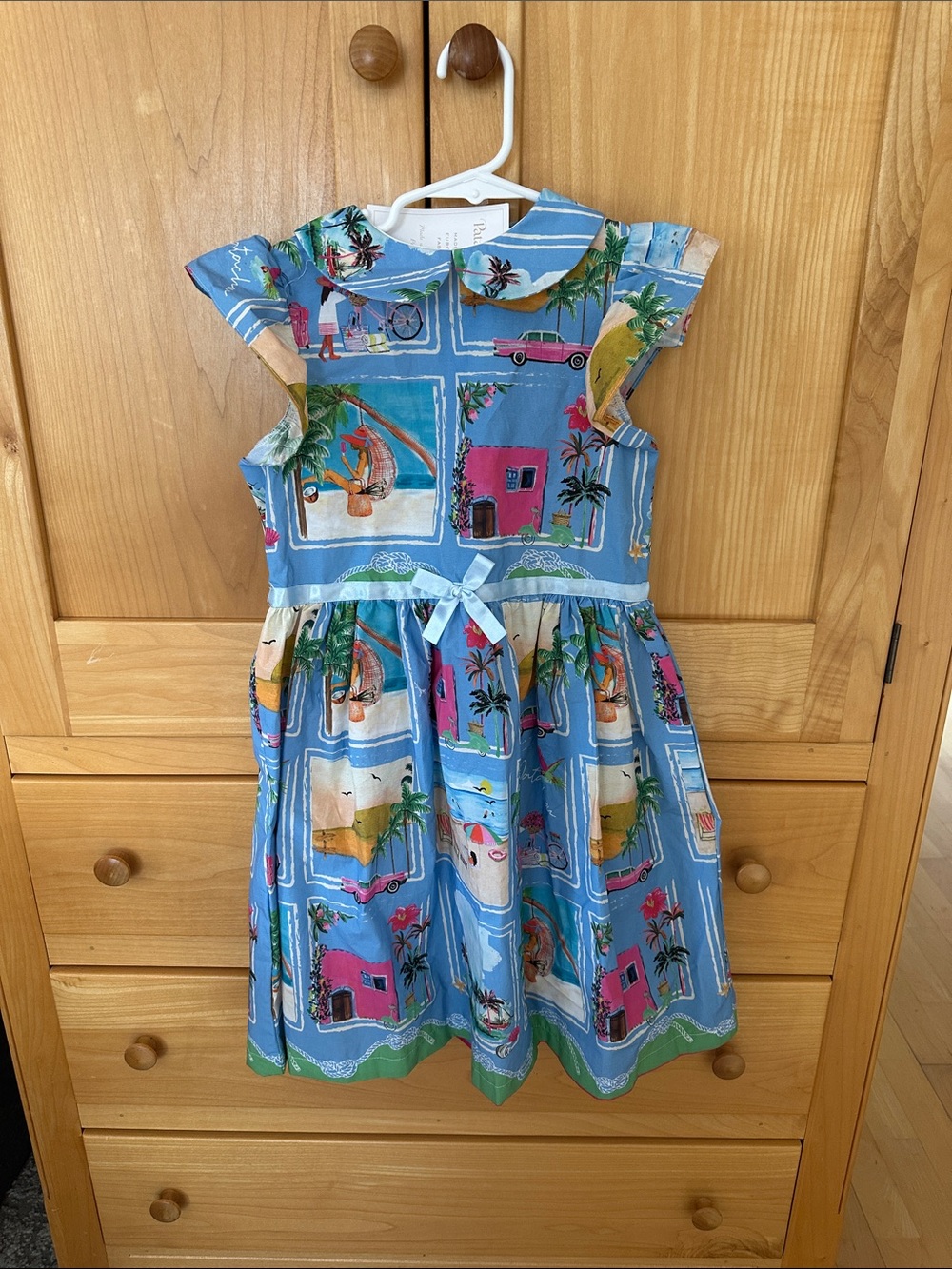 Girls' Blue Tropical Print Cotton Dress with Waist Bow